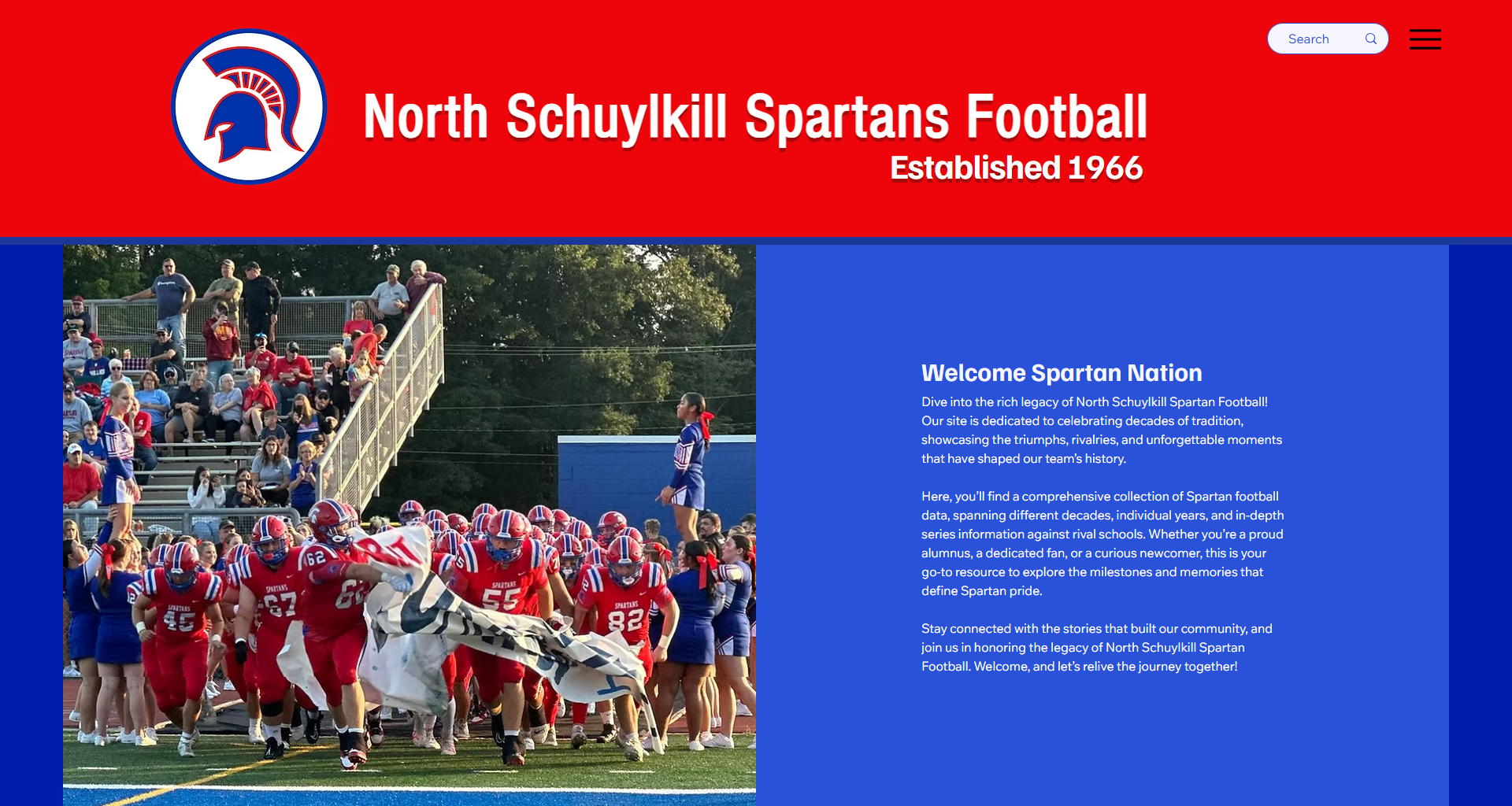 Screenshot of the Spartan Football Website showing red header and football team running onto the field
